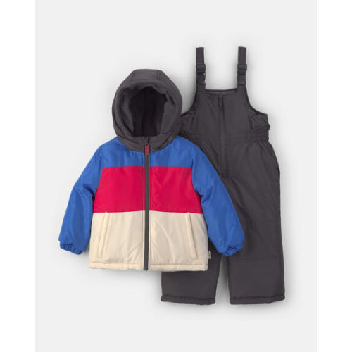 Toddler Boy 2-Piece Color Block Hooded Snowsuit Jacket & Bib Set - Blue/Red | Carter's