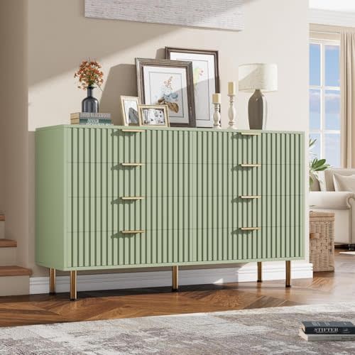 GarveeHome 55" Fluted Green 8 Drawer Dresser for Bedroom with Deep Drawers | Modern Chest of Drawers with Wide Top, Wooden Dresser Organizer for Living Room, Hallway, Kids Room