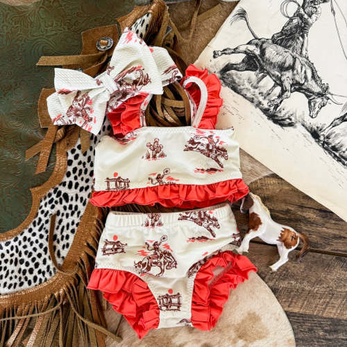 Sunset Cowgirl W/Pink Two Piece Ruffle Swimsuit (Minis) – theFRINGEDpineapple