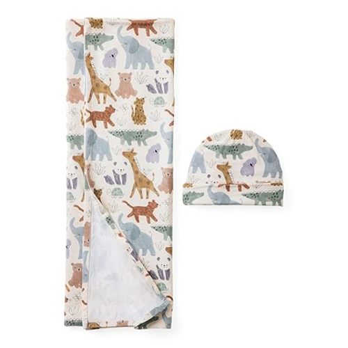 Little Sleepies Swaddle & Beanie Set, Viscose from Bamboo Baby Swaddle Blanket Wrap Unisex Newborn Hospital Outfit (Sweet Safari)