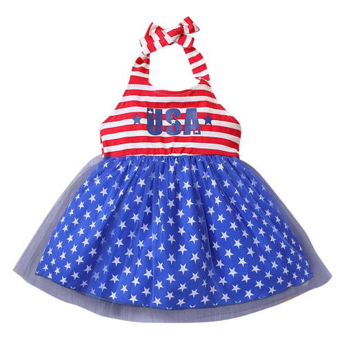 Wxirdiow Girls Patriotic Dresses Kids Toddler Little Girls 4th of July Dress Star Stripe American Flag Short Sleeve Independence Dress Blue Size,12-18 Months