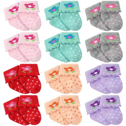 Toulite 12 Pairs Preemie Newborn Baby Ankle Socks Ruffle Turn Cuff Cotton Non-slip Warm Socks for Girls and Boys Infant