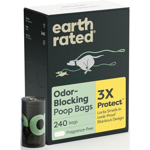 Earth Rated 3X Protect Dog Poop Bag Rolls, Odor Blocking Leak Proof Extra Thick, Unscented, 240 Count