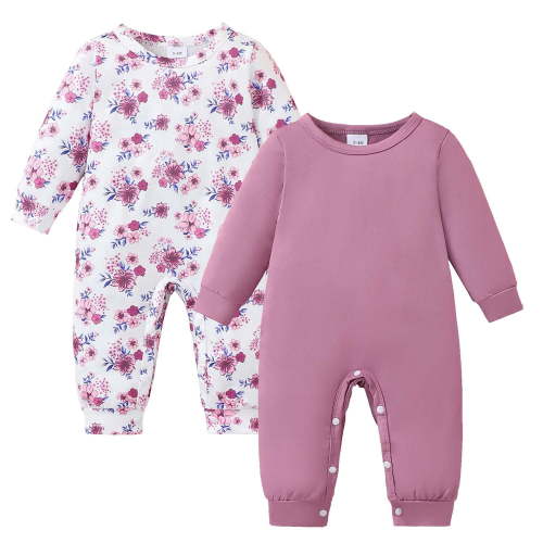 KIMI BEAR Preemie Baby Girl Romper Clothing 2 Packs Shower Gift Long Sleeves Floral Solid Color Bodysuit One-piece Jumpsuit 2pcs Clothes Purple