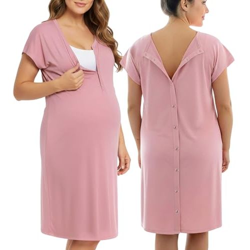 PATPAT Maternity Labor and Delivery Gown, Womens Hospital Gown with Pockets | Pregnancy through postpartum, soft fabric, full back opening for checks, easy nursing access, skin-to-skin, side pockets
