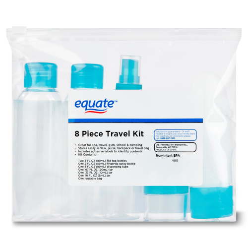 Equate Travel Kit for Toiletries, Color May Vary, 8 Piece