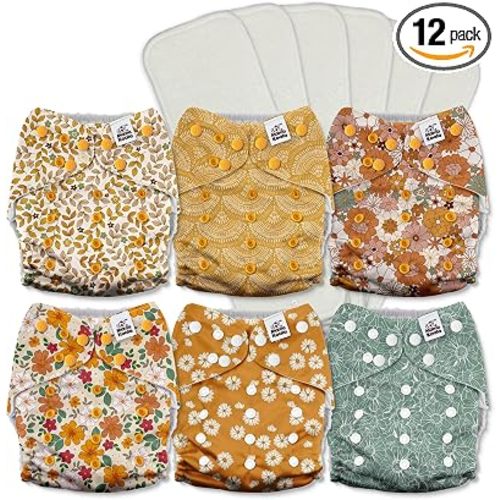 Mama Koala 3.0 Pocket Cloth Diapers for Babies with AWJ Lining, 6 Pack with 6 5-Layer Natural Cloth Diaper Inserts - Reusable and Washable Pocket Diapers(A-Little Daisies)