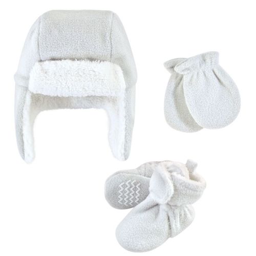 Hudson Baby Infant Baby and Toddler Trapper Hat, Mitten and Bootie Set, Light Gray, 0-6 Months