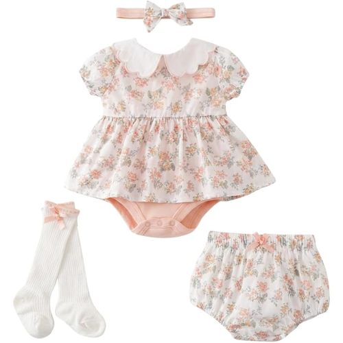 Infant Baby Girl Bodysuit Dress Summer Outfits Clothes | With High Socks,Headband and Bloomer Shorts,Soft Breathable Stretchy Cotton,Snap Closure,Parties,Park Picnics,Vacation