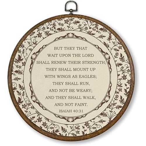 Qskjre Vintage Christian Wall Art Decor, Bible Verse Isaiah 40:31 Round Wood Framed Canvas Wall Artwork, Scripture Religious Hanging Prints for Church Prayer Room Gallery Decorations, 10x10inch