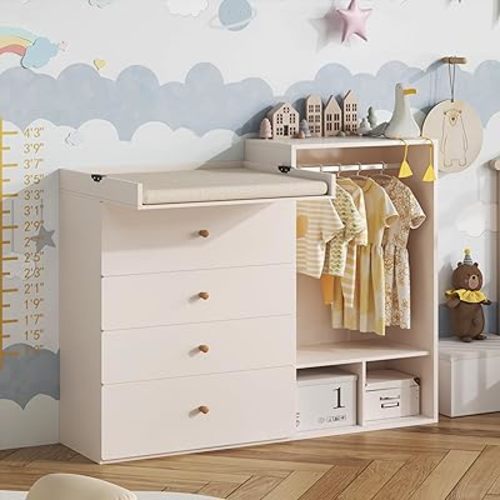 Pipleo Large Baby Changing Table Dresser with Wide Changing Table Top and 4 Drawers, 59.1" Nursery Dresser with Clothes Rack and Mirror, Modern Diaper Changing Station, Children's Room(Nude Pink)