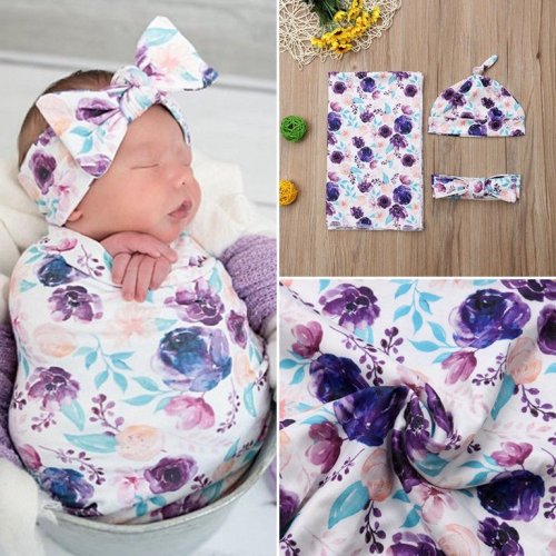 Newborn Baby Floral Snuggle Swaddling Wrap Blanket Sleeping Bag Swaddle 3Pcs