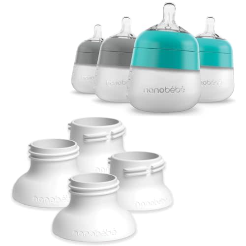 Nanobebe Flexy Silicone Baby Bottle 4-Pack Grey/Teal 5oz Bundled with 4 Pack Breast Pump Adapters