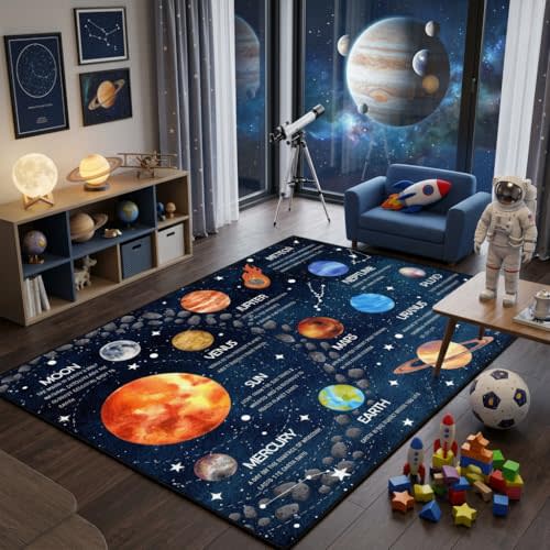 5x7 Ft Outer Space Kids Rugs for Playroom, Classroom, Bedroom, Educational Non-Slip Solar System Rug for Planets Leaning, Washable & Soft Faux Wool Galaxy Star Rug -Blue