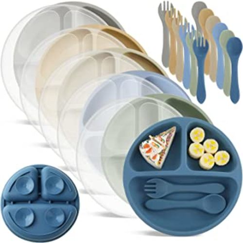 Meanplan 6 Pack Suction Plates with Lids Silicone Baby Plates Toddler Plates Divided Design Stay Put with Suction Feature BPA Free Microwave and Dishwasher Safe Assorted Colors (Elegant Colors)