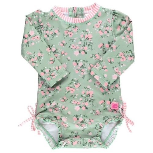 RuffleButts Baby Girls UPF50+ Sun Protected Floral Long Sleeve One Piece Rash Guard - Tea Roses, 6-12m