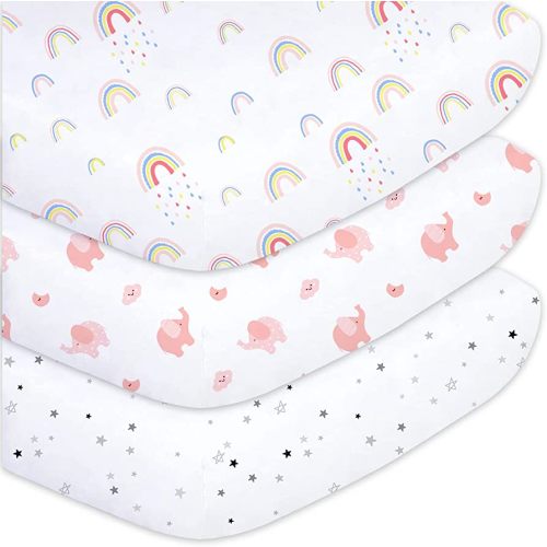 Plushii Crib Sheets for Baby Girls 3 Pack, 28"x 52" Extra Soft Microfiber Crib Sheet Set for Baby Crib Mattress Sheet & Toddler Mattress Pad, Rainbow & Elephant & Stars