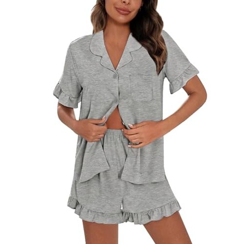 SWOMOG Woman Pajama Set Short Sleeve Pjs Set 2Pcs Short Pajamas Button Down Ruffle Hem Sleepwear Soft Modal Loungewear