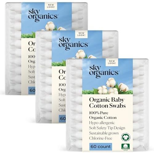Sky Organics Organic Baby Cotton Swabs 180ct, Baby Safe Tips, Chlorine-Free