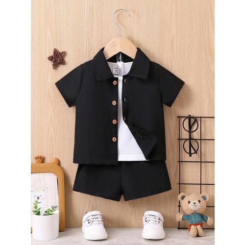 SHEIN Baby Boy Solid Button Front Shirt & Shorts Without Tee