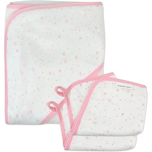 HonestBaby Unisex Baby 3-Piece Organic Cotton Hooded Towel & Washcloth Set, Twinkle Star White/Pink, One Size