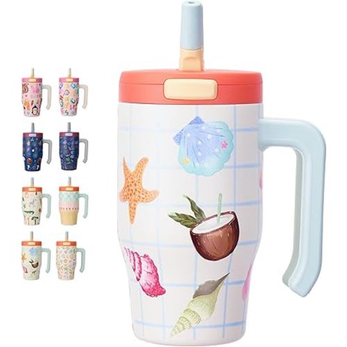 Fijinhom 18 oz Toddler Tumbler with Handle, Stainless Steel Insulated Water Bottle Coffee Mug with Straw, Toddler Cups, Kids Water Bottle for School, Sports, Travel, Coast