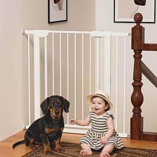 29.5-40.6" Baby Gate for Stairs, Baby Safety Essentials, Auto Close Gate for Doorways, Easy Install Pressure Mounted Dog Gate Indoor, Pet Gates for Dogs, White