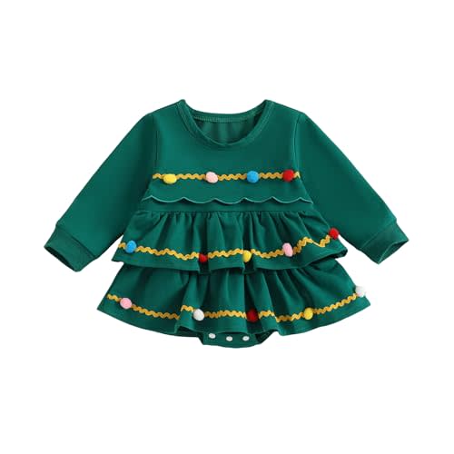 Dcohmch Newborn Girl Christmas Outfit Long Sleeve Romper Dress Poms Layered Bodysuit Infant Baby Fall Clothes