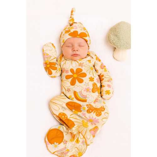 Groovy 70s Inspired Knotted Baby Gown: Newborn Outfit, USA Made