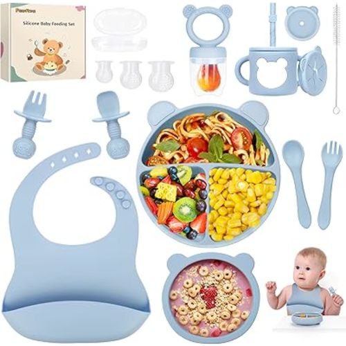 PERRYHOME 17Pcs Silicone Baby Feeding Set,Baby Led Weaning Feeding Supplies for Toddlers, Kids Suction Silicone Plates and Bowls Set for Baby Gift (Blue)