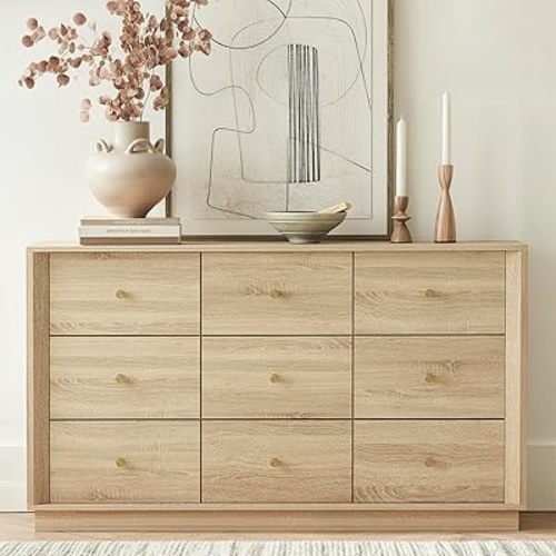 9 Drawer Dresser, Mid Century Modern Dresser with Storage, 55" Wide Chest of Drawers with Wood Grain Texture, Drawers Organizer for Bedroom, Living Room, Hallway, White Oak