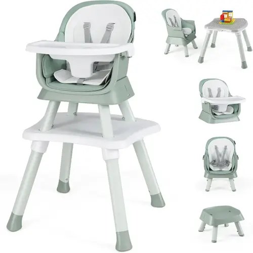 HONEY JOY 8 in 1 Baby High Chair, Convertible Highchair for Babies and Toddlers/Table and Chair Set/Building Block Table/Booster Seat/Stool/Toddler Chair with Safety Harness (Green)