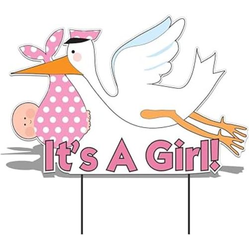 VictoryStore Yard Sign Outdoor Lawn Decorations - "It's a Girl" Die Cut Stork, Baby Announcement Yard Sign (Light Skin Toned Baby) 12427