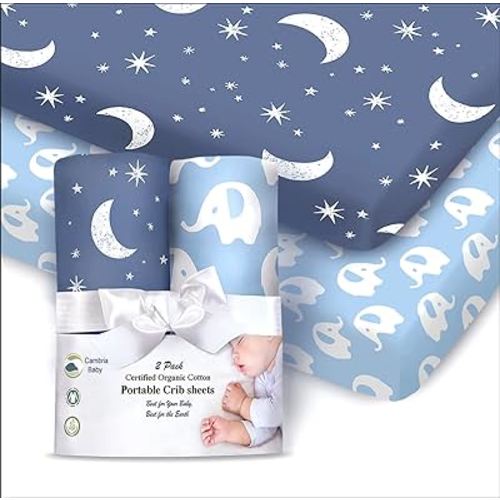 100% Organic Cotton Fitted Sheets for Graco Pack n Play, Babyletto, Pamo Babe, Hiccapop, Dream on Me, Evenflo, Baby Trend, Hygge Hush Portable/Mini Crib/Playards, Beka Bedside Bassinet for Boy 2 Pk