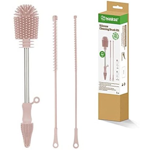 haakaa Silicone Cleaning Brush Kit-Soft Bristles Scrubber Brush for Breast Pumps,Nipples,Breastmilk Storage Bag,Reusable Straws,Sippy Cups,Detachable,Portable - Set of 3 Blush