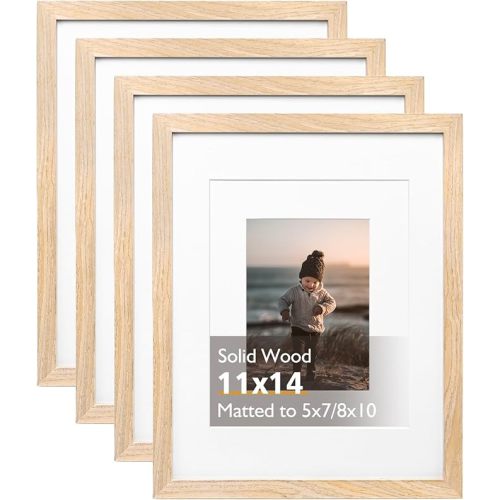 KINLINK 11x14 Picture Frame Natural, Solid Wood Frames 14x11 with Acrylic Plexiglass for Pictures 5x7/8x10 with Mat or 11x14 without Mat, Tabletop and Wall Display Photo Frame Set of 4