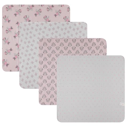 Disney Baby 4-Pack Receiving Blankets — 100% Cotton Flannel, 28" x 28" — Available in Mickey, Minnie, Pooh, Stitch or Angel — Soft Swaddle, Burp & Stroller Blankets — Gift-Ready with Ribbon Bow