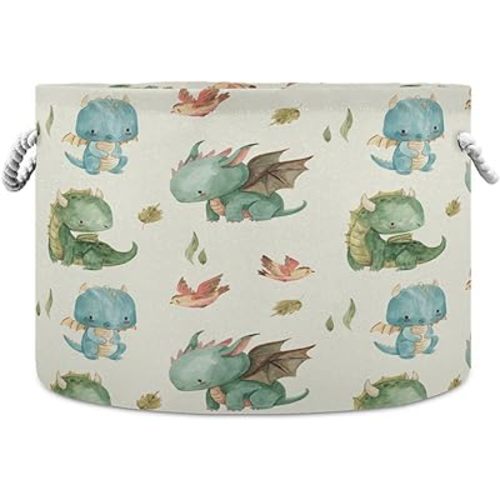 Watercolor Cute Dragon Cotton Rope Basket Large Round Baby Laundry Basket Toy Blanket Books Storage Bin for Bedroom Bathroom Nursery Home Decor, 20 x 14 Inch