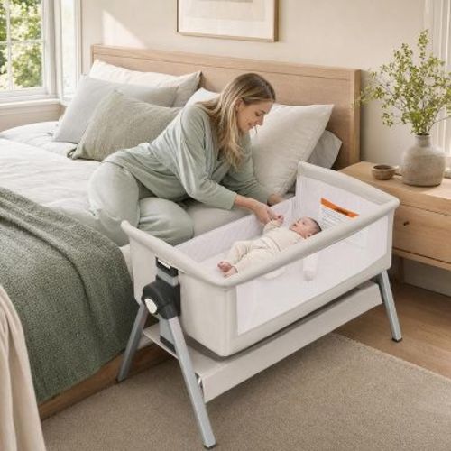 Adjustable Height Baby Bedside Bassinet with Wheels and Storage Basket for Newborns 0-6 Months