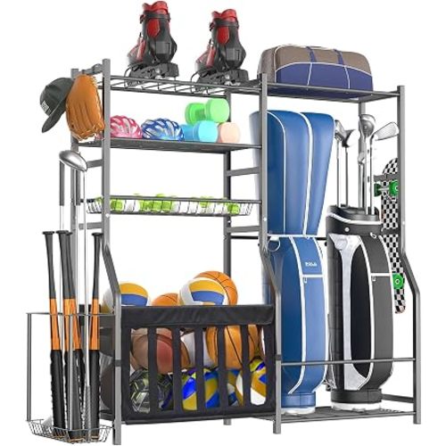 Heavy Duty Garage Sports Equipment Organizer, All-in-One Golf Bag Storage Rack & Multi-Sport Ball Holder for Basketballs, Bats & Kids Toys, Indoor/Outdoor Free Standing Gear Bin