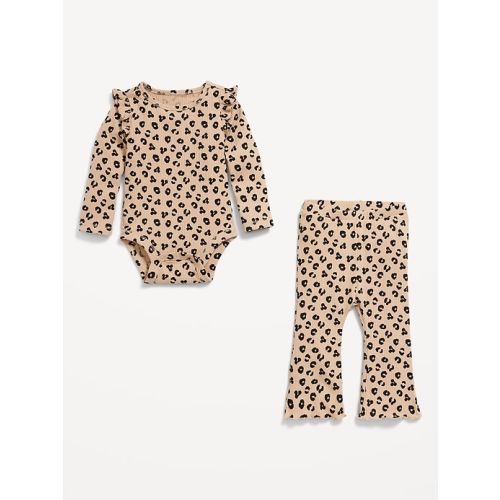 Printed Ribbed Ruffle-Trim Bodysuit and Pants Set for Baby