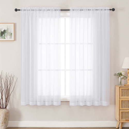 MKHILL 59x63 Extra Wide White Sheer Curtains 2 Panels, 63 Inch Long Light Filtering Voile Drapes for Living Room Bedroom, Rod Pocket Window Panels, Each 59" W x 63" L