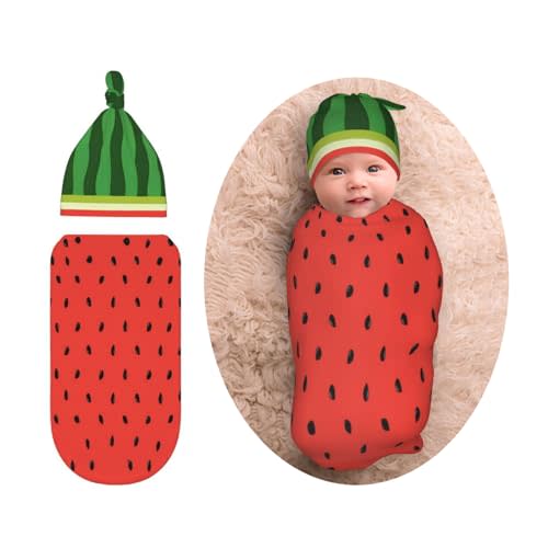 Watermelon Newborn Swaddle Blanket Beanie Hat Sets Funny Food Soft Baby Receiving Blanket Swaddle Sack Wraps for Infant Boy Girl Gift Baby Shower Infant