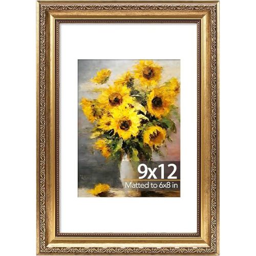 JCJMY 9x12 Vintage Picture Frame with 6x8 Mat, Elegant Retro 9 by 12 Photo Frame with Shatter-Resistant Plexiglass for Wall or Tabletop Display, Gallery Decor & Gift, Gold, 1 Pack