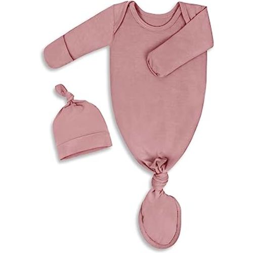 Newborn Knotted Baby Gown 0-6 Months, Super Soft Breathable Nightgowns for Babies Girl and Boy, Baby Girls Coming Home Hospital Outfit with Hat Set Pink