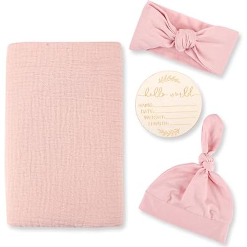 Hooyax Muslin Swaddle Blanket 4-Piece Set for Newborn Girl, Large Size 47 × 47 Inches Baby Receiving Blanket Wrap, Infant Swaddles with Matching Headband & Beanie Hat(Pink)