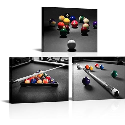 Apicoture Billiards Art Picture Wall Decor - Black And White Billiard Balls Pool Table Room Wall Decor Billiards Poster Prints Framed For Mens Berdroom Office Room Wall Decor Ready To Hang (12"x16"x3Panels)