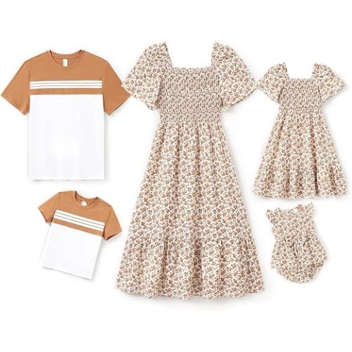 PATPAT Family Matching Outfits Boho Floral Print Square Neck Puff Sleeve Smocked Dress and Short Sleeve T-Shirts Matching Set