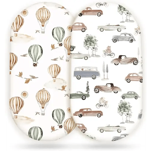 GRSSDER Stretchy Ultra Soft Fitted Bassinet Sheet Set 2 Pack, Universal Fitted for Bassinets Baby Cradle Moses Basket Oval Rectangle Mattress Safe and Snug, Neutral Pattern of Cars Print