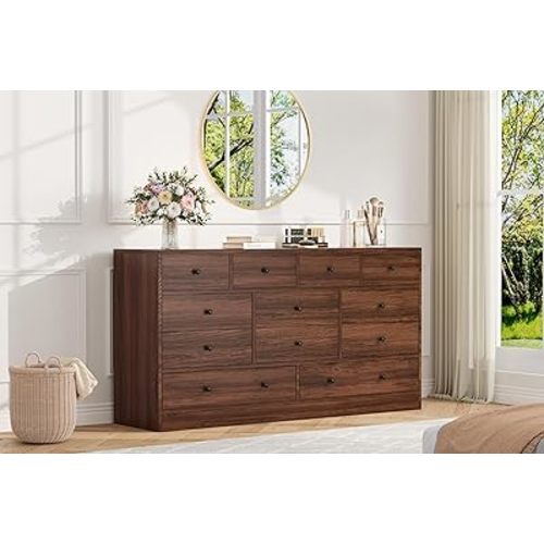 12 Drawer Dresser for Bedroom, 61 in Long Modern Brown Dresser TV Stand with Charging Station, Large Wooden Chest Od Drawers for Nursery, Closet, Living Room